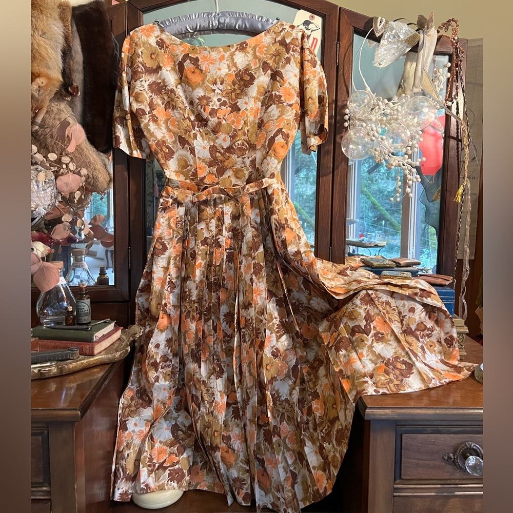 Vintage 60s Autumn Floral Pleated Cocktail Dress